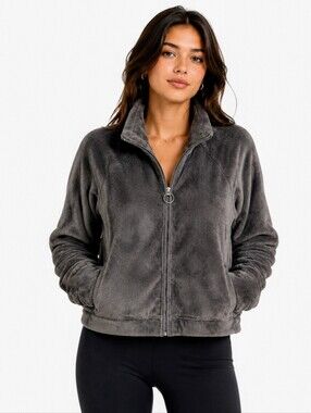 Hollister Plush Fleece Full Zip Jacket Sweater Grey Fuzzy Teddy Cozy Medium